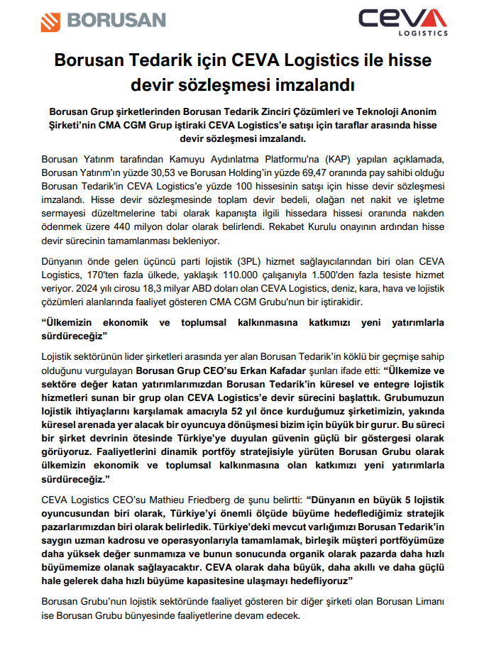 Borusan Yatırım hisse devri süreci