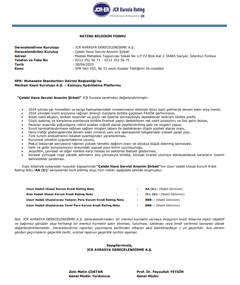 Çelebi Hava Servisi kredi derecelendirme detayları