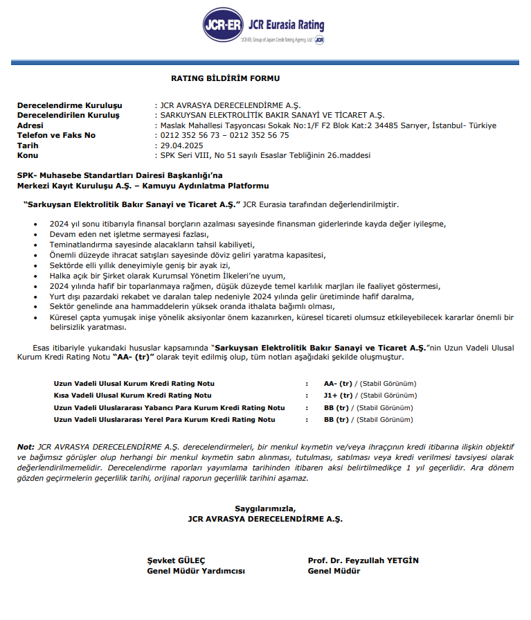 Sarkuysan kredi değerlendirme detayları Sarkuysan SARKY kredi derecelendirme tablosu