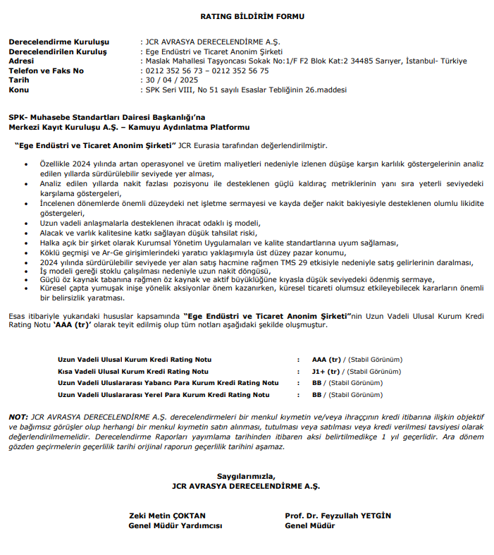 Ege Endüstri (EGEEN) kredi derecelendirme notu açıklandı | Rota Borsa