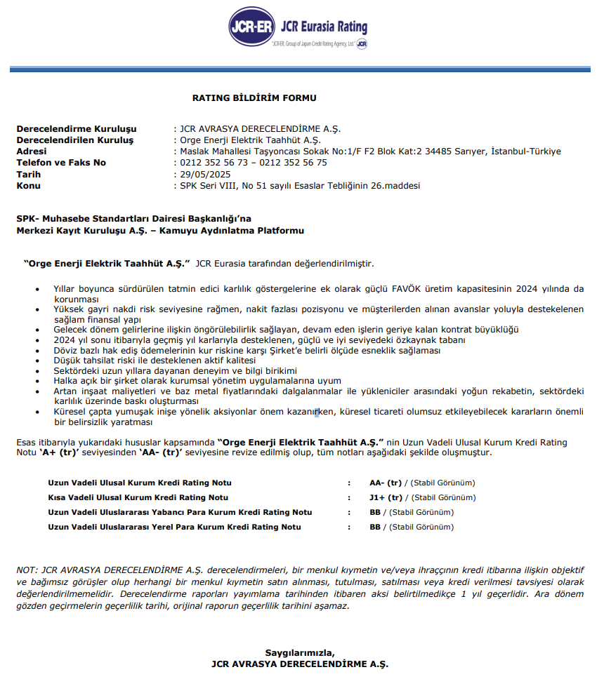 Orge kredi derecelendirme raporu JCR Avrasya