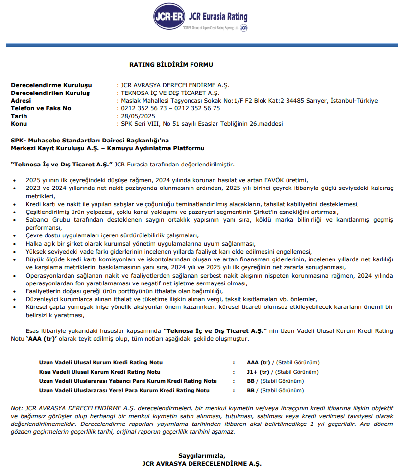 JCR Avrasya Teknosa kredi derecelendirmesi Teknosa kredi notu grafiği