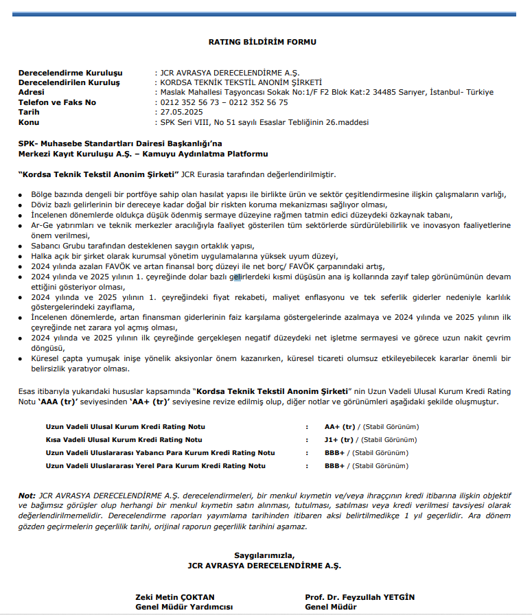 KORDS kredi derecelendirme raporu