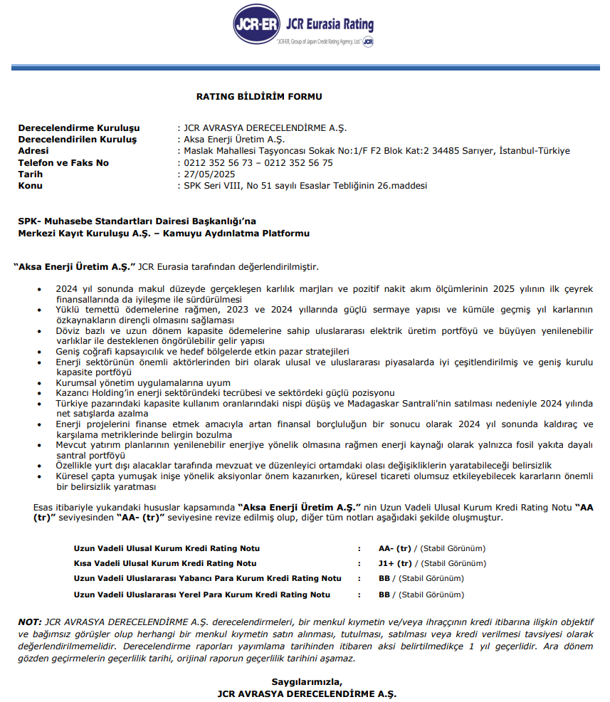 AKSEN kredi notu puanı