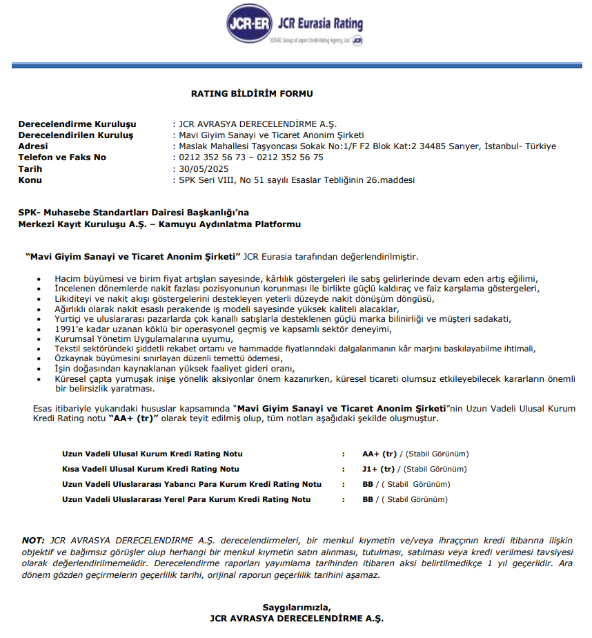 Mavi Giyim kredi notu güncellemesi