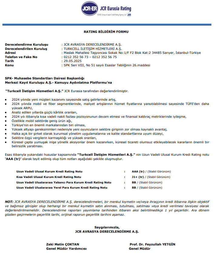 TCELL kredi notu açıklaması