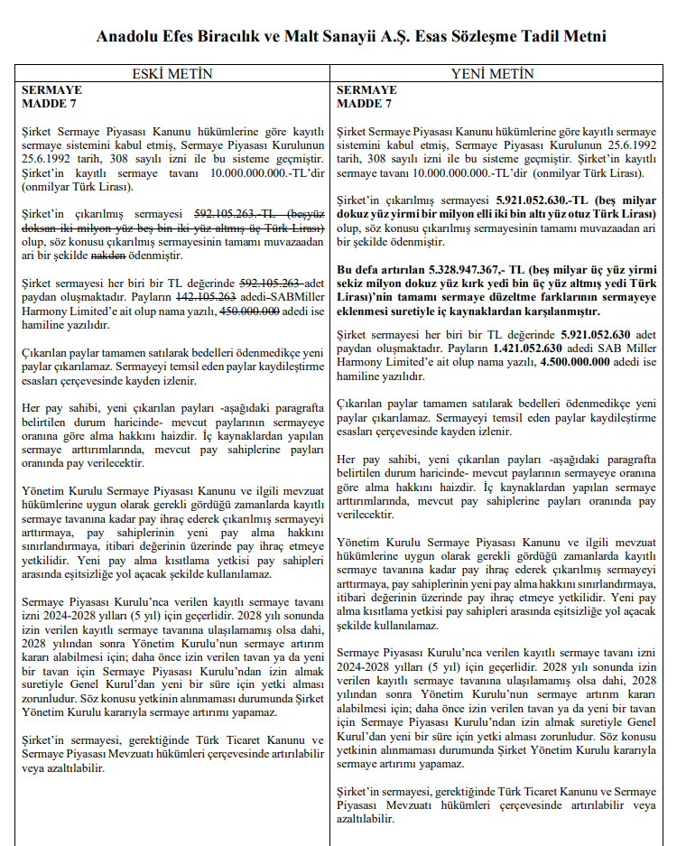 Anadolu Efes bedelsiz pay dağıtımı açıklaması