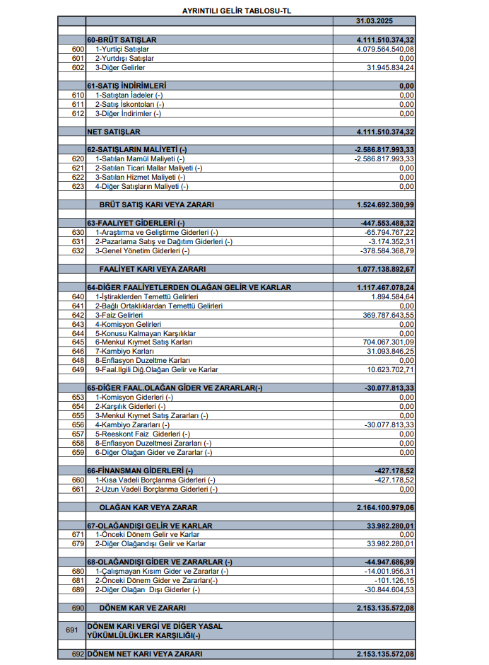 KOZAL 2025 Gelir Tablosu