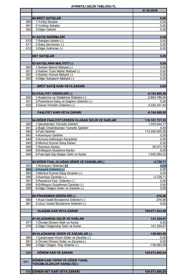 Koza Anadolu İlk Çeyrek Vergi Beyannamesi Gelir Tablosu