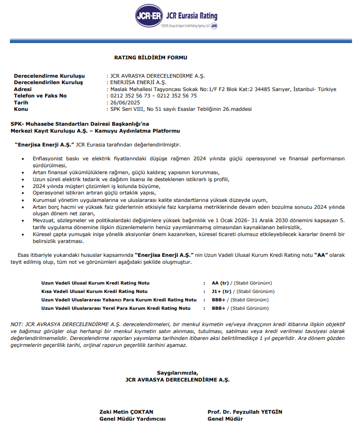 Enerjisa (ENJSA) kredi derecelendirme notu açıklandı | Rota Borsa