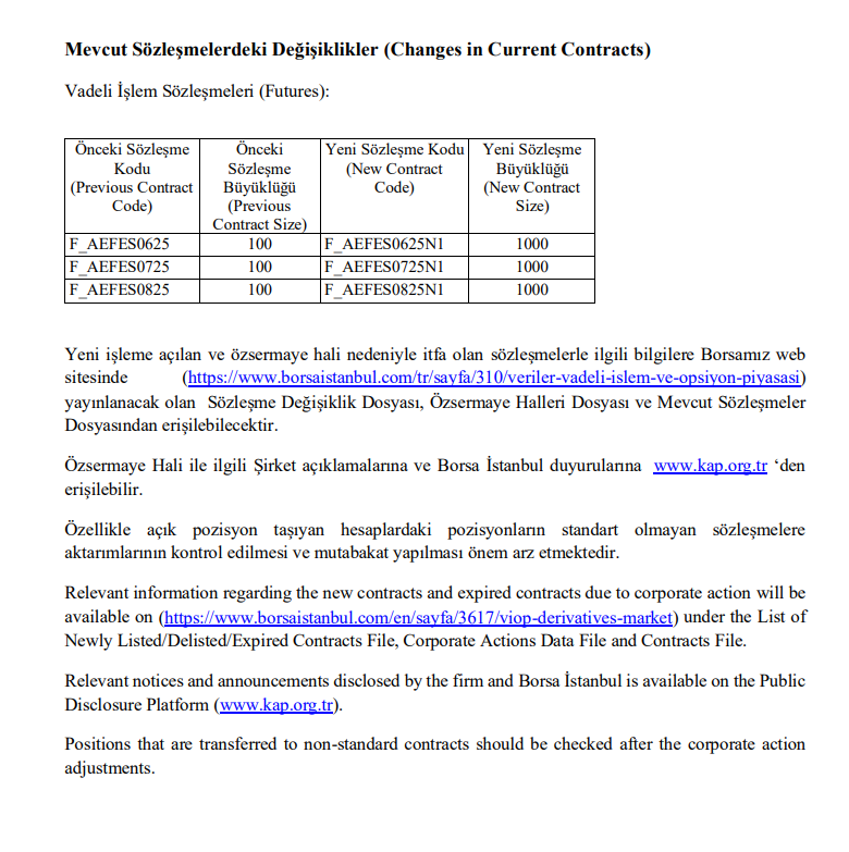 AEFES vadeli işlem detayları