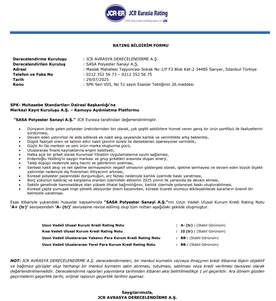 Sasa Polyester (SASA) kredi derecelendirme notu açıklandı! | Rota Borsa