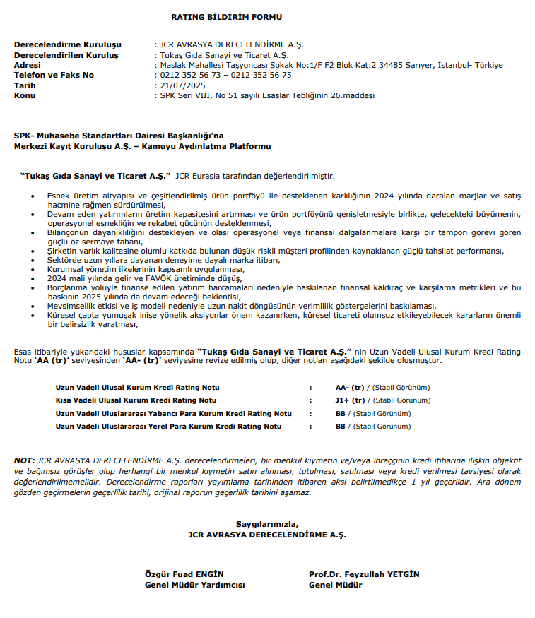 Tukaş Gıda Derecelendirme Grafiği