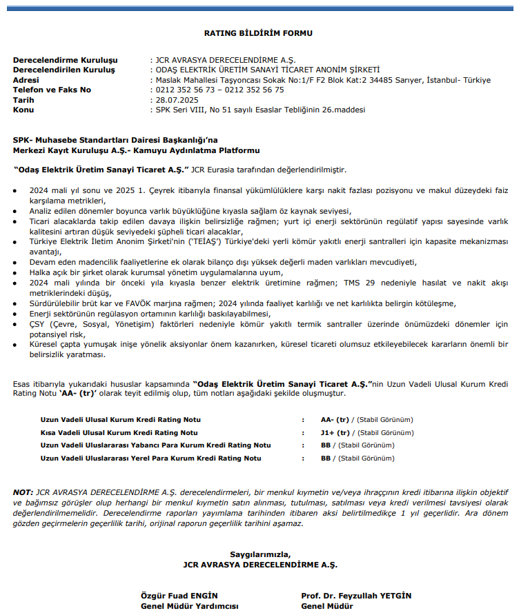 ODAS kredi notu tablosu