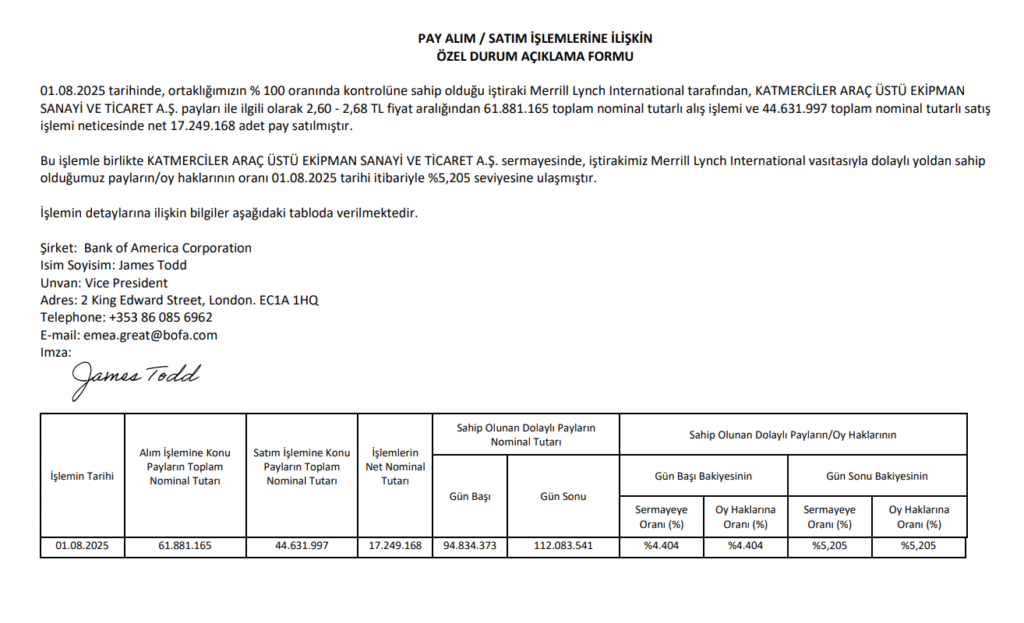Bank of America’dan Katmerciler Ekipman’da (KATMR) hisse alış açıklaması | Rota Borsa