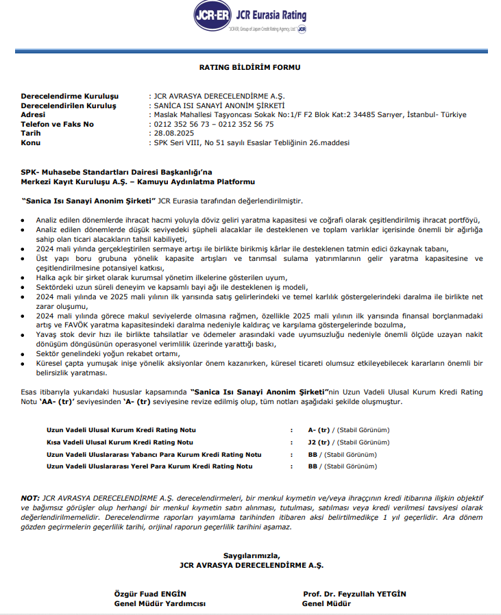 Sanica Isı (SNICA) kredi derecelendirme notu açıklandı | Rota Borsa Sanica Isı (SNICA) kredi derecelendirme notu açıklandı | Rota Borsa
