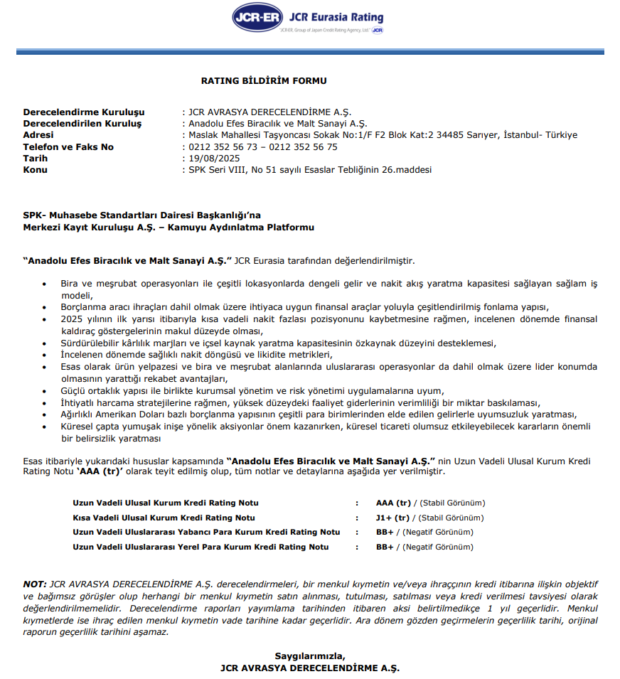 Anadolu Efes (AEFES) kredi derecelendirme notu açıklandı | Rota Borsa
