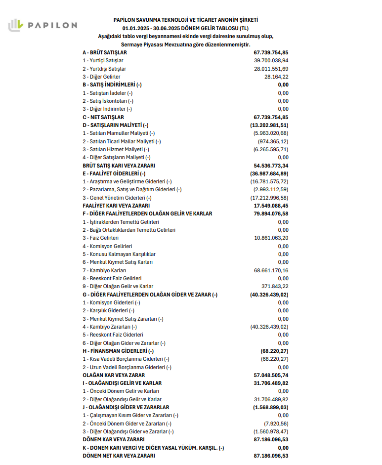 Papilon Savunma (PAPIL) 2025 yılı 2.çeyrek VUK kayıtlarında geçen net kârını açıkladı! | Rota Borsa