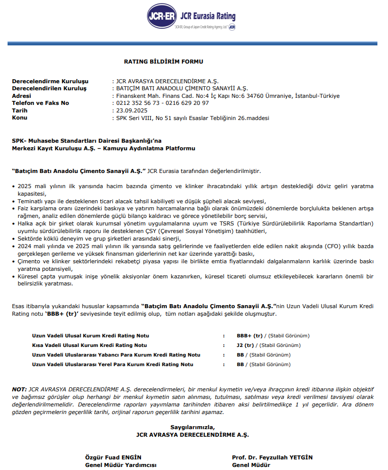 Batıçim Çimento (BTCIM) kredi derecelendirme notu açıklandı | Rota Borsa Batıçim Çimento (BTCIM) kredi derecelendirme notu açıklandı | Rota Borsa