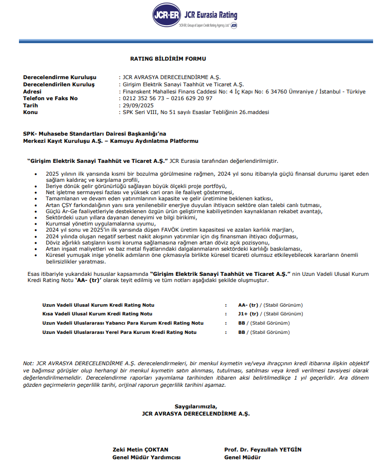 Girişim Elektrik (GESAN) kredi derecelendirme notu açıklandı | Rota Borsa