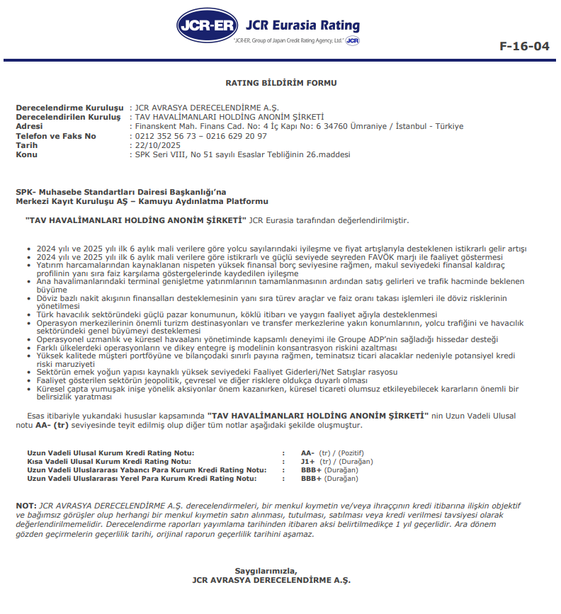 Tav Havalimanları (TAVHL) kredi derecelendirme notu açıklandı | Rota Borsa