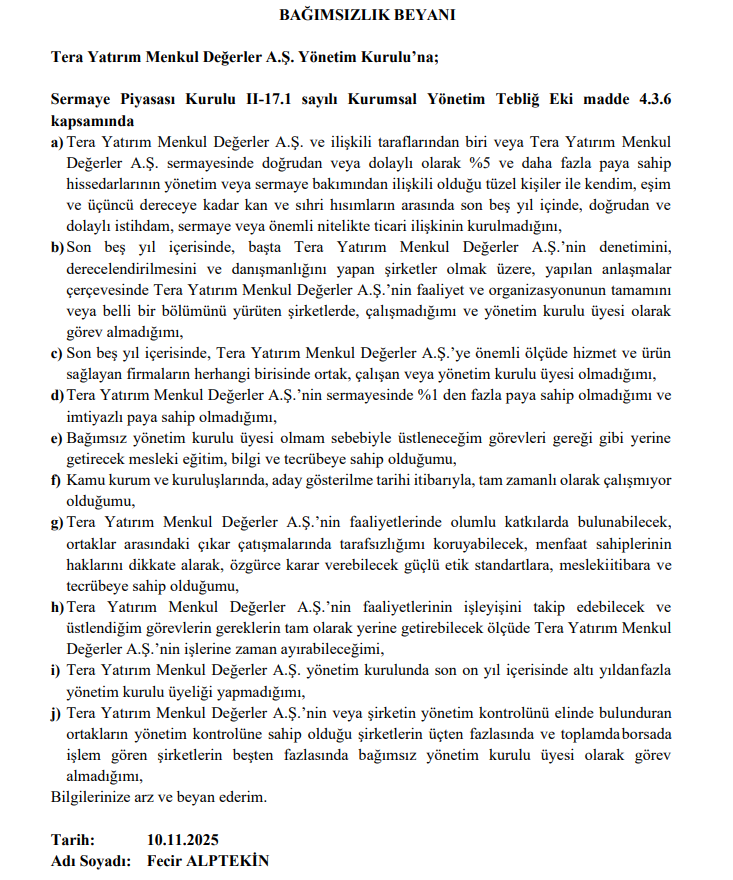 Tera Yatırım (TERA) yönetiminde istifa ve atama | Rota Borsa