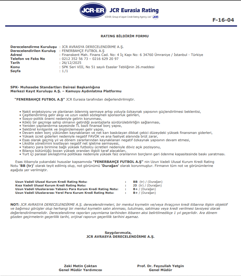 Fenerbahçe (FENER) kredi derecelendirme notu açıklandı | Rota Borsa