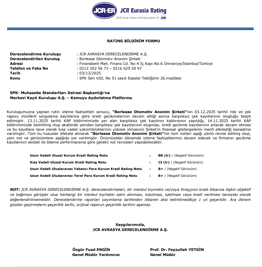 Borlease Otomotiv (BORLS) kredi derecelendirme notu açıklandı | Rota Borsa