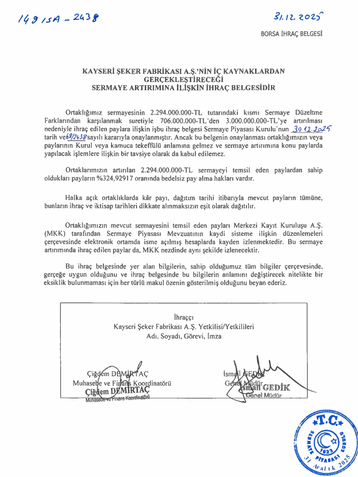 Kayseri Şeker’den (KAYSE) bedelsiz sermaye artırımı açıklaması | Rota Borsa