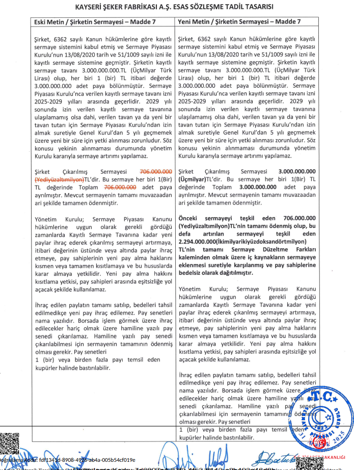 Kayseri Şeker’den (KAYSE) bedelsiz sermaye artırımı açıklaması | Rota Borsa