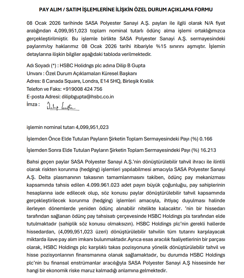 HSBC'den Sasa Polyester (SASA) duyurusu | Rota Borsa HSBC'den Sasa Polyester (SASA) duyurusu | Rota Borsa