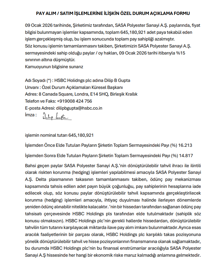 HSBC’den Sasa Polyester (SASA) duyurusu | Rota Borsa