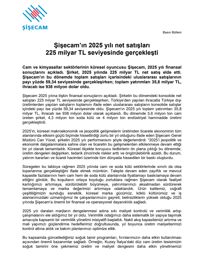 Şişecam'dan (SISE) bilançoya yönelik basın bülteni | Rota Borsa Şişecam'dan (SISE) bilançoya yönelik basın bülteni | Rota Borsa