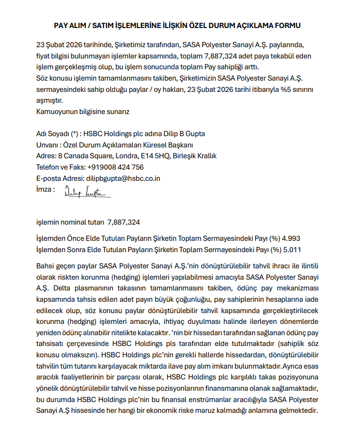 HSBC’den SASA Polyester duyurusu | Rota Borsa