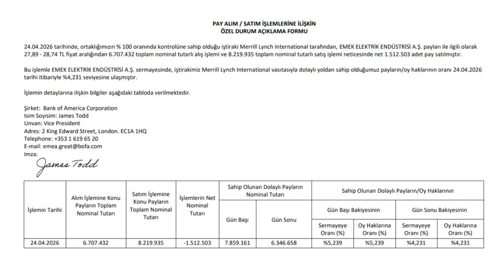Bank of America'dan (BofA) Emek Elektrik’te (EMKEL) hisse satış açıklaması | Rota Borsa