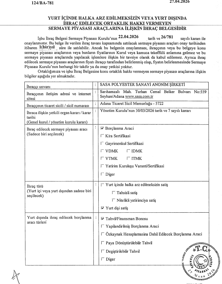 SPK, Sasa Polyester’in (SASA) başvurusuna onay verdi | Rota Borsa