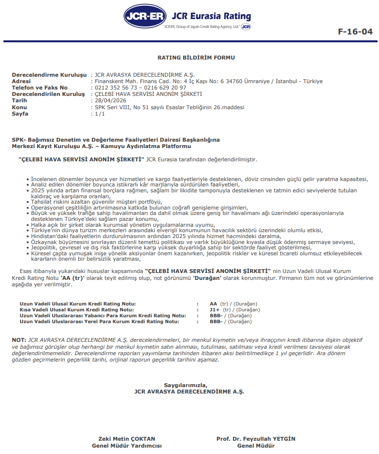 Çelebi Hava (CLEBI) kredi derecelendirme notu açıklandı | Rota Borsa