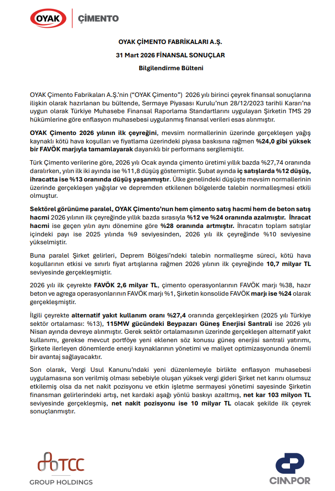 OYAK Çimento'dan (OYAKC) yatırımcı bilgilendirme bülteni | Rota Borsa