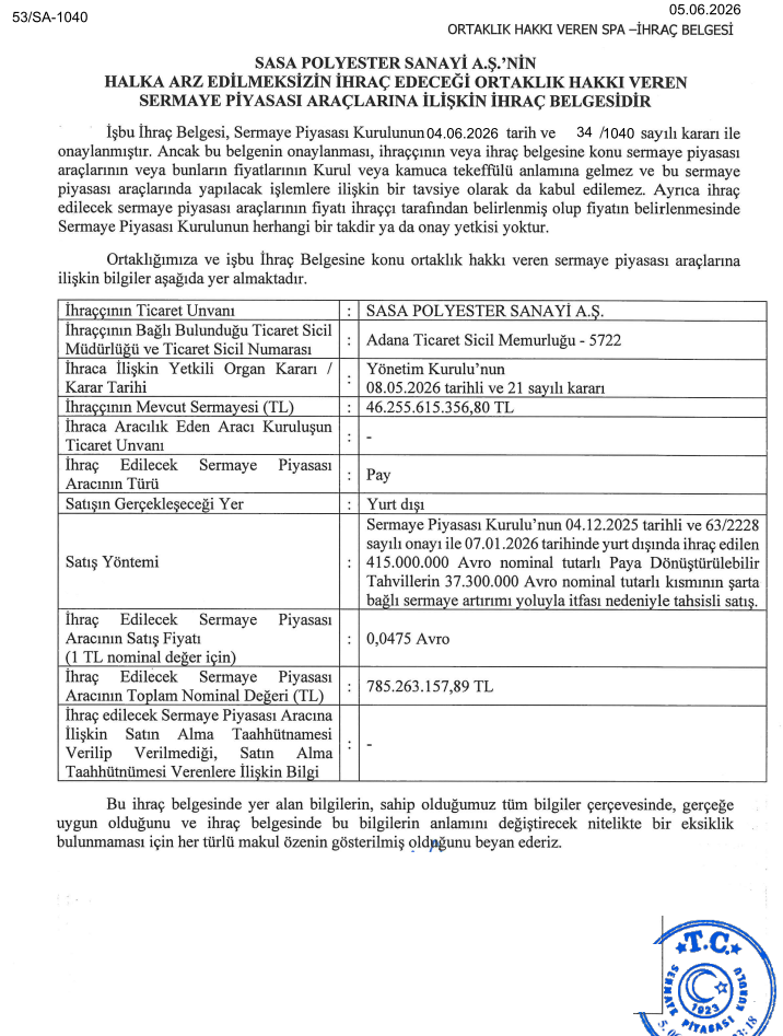 Sasa Polyester’den (SASA) sermaye artırımı açıklaması | Rota Borsa Sasa Polyester’den (SASA) sermaye artırımı açıklaması | Rota Borsa
