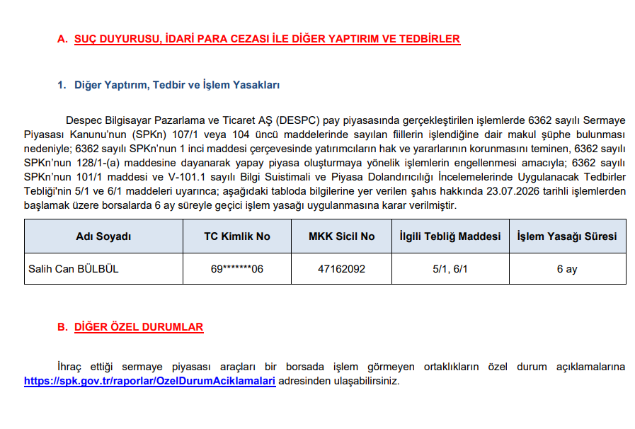 SPK Bülteni: 1 kişiye 6 ay işlem yasağı kararı | Rota Borsa
