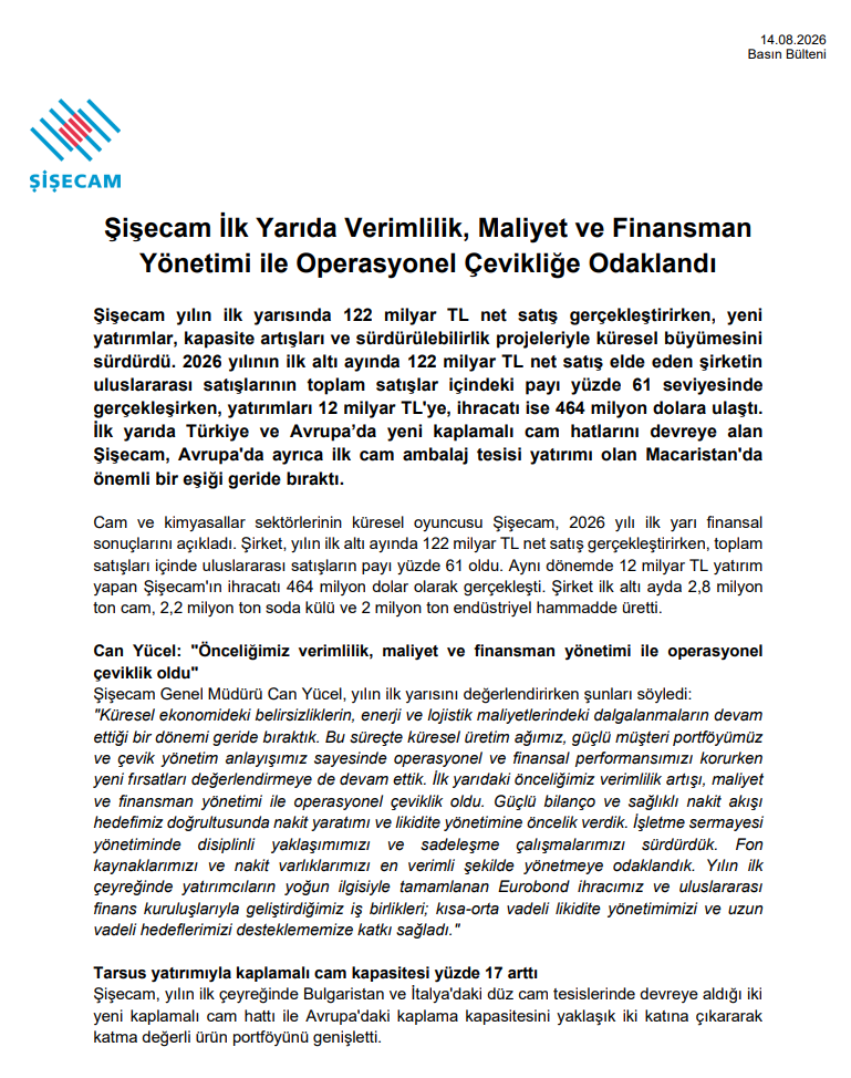 Şişecam'dan (SISE) 2Ç26 bilançosuna yönelik basın bülteni | Rota Borsa