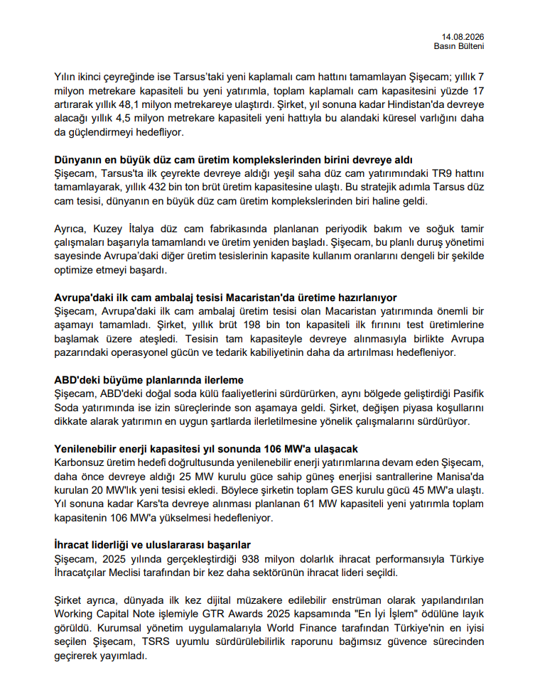 Şişecam'dan (SISE) 2Ç26 bilançosuna yönelik basın bülteni | Rota Borsa