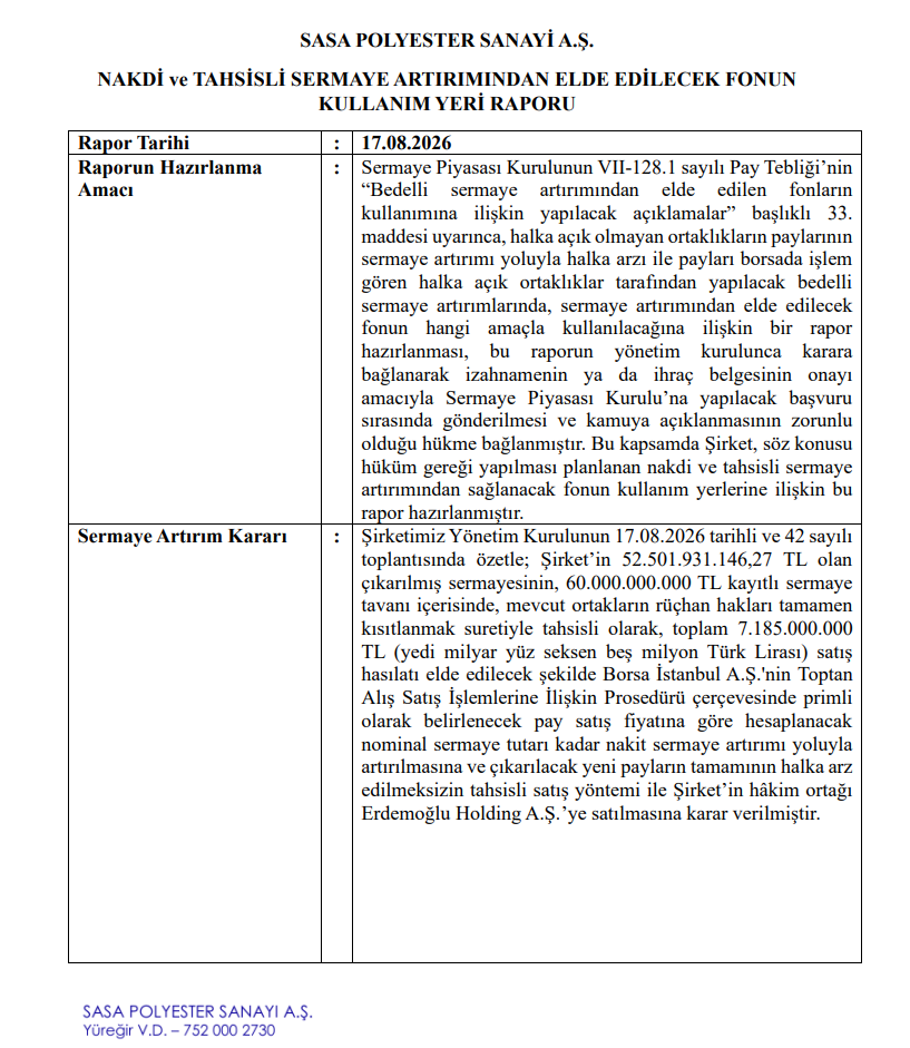 Sasa Polyester (SASA) sermaye artırımı gelirinin kullanım yerlerini açıkladı | Rota Borsa Sasa Polyester (SASA) sermaye artırımı gelirinin kullanım yerlerini açıkladı | Rota Borsa