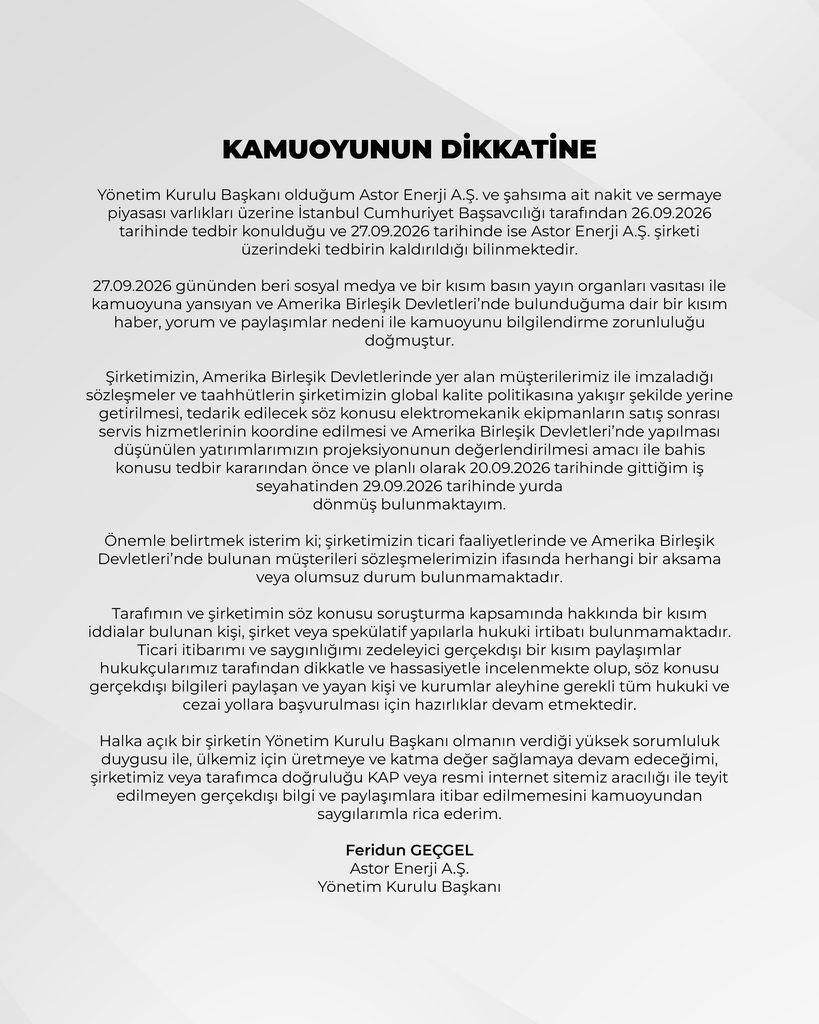 Astor Enerji (ASTOR) Yönetim Kurulu Başkanından kamuoyu açıklaması | Rota Borsa