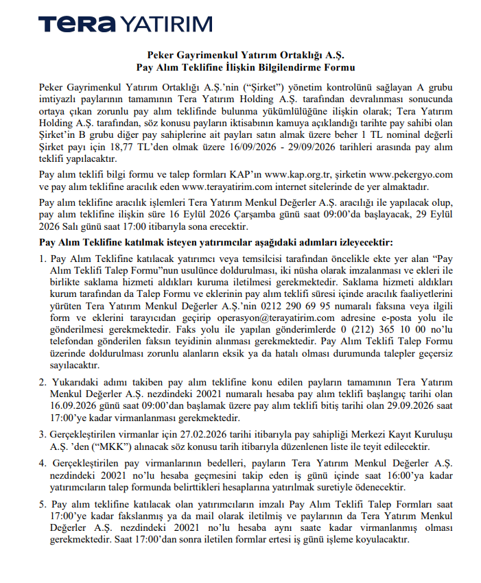 Tera Yatırım Holding’den Peker GYO (PEKGY) için zorunlu pay alım teklifi | Rota Borsa Tera Yatırım Holding’den Peker GYO (PEKGY) için zorunlu pay alım teklifi | Rota Borsa