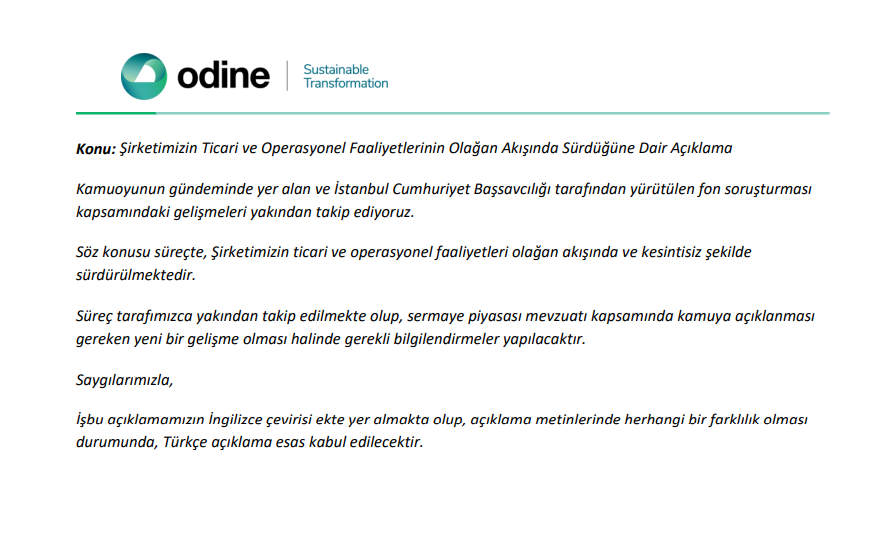 Odine Teknoloji'den (ODINE) kamuoyu açıklaması | Rota Borsa